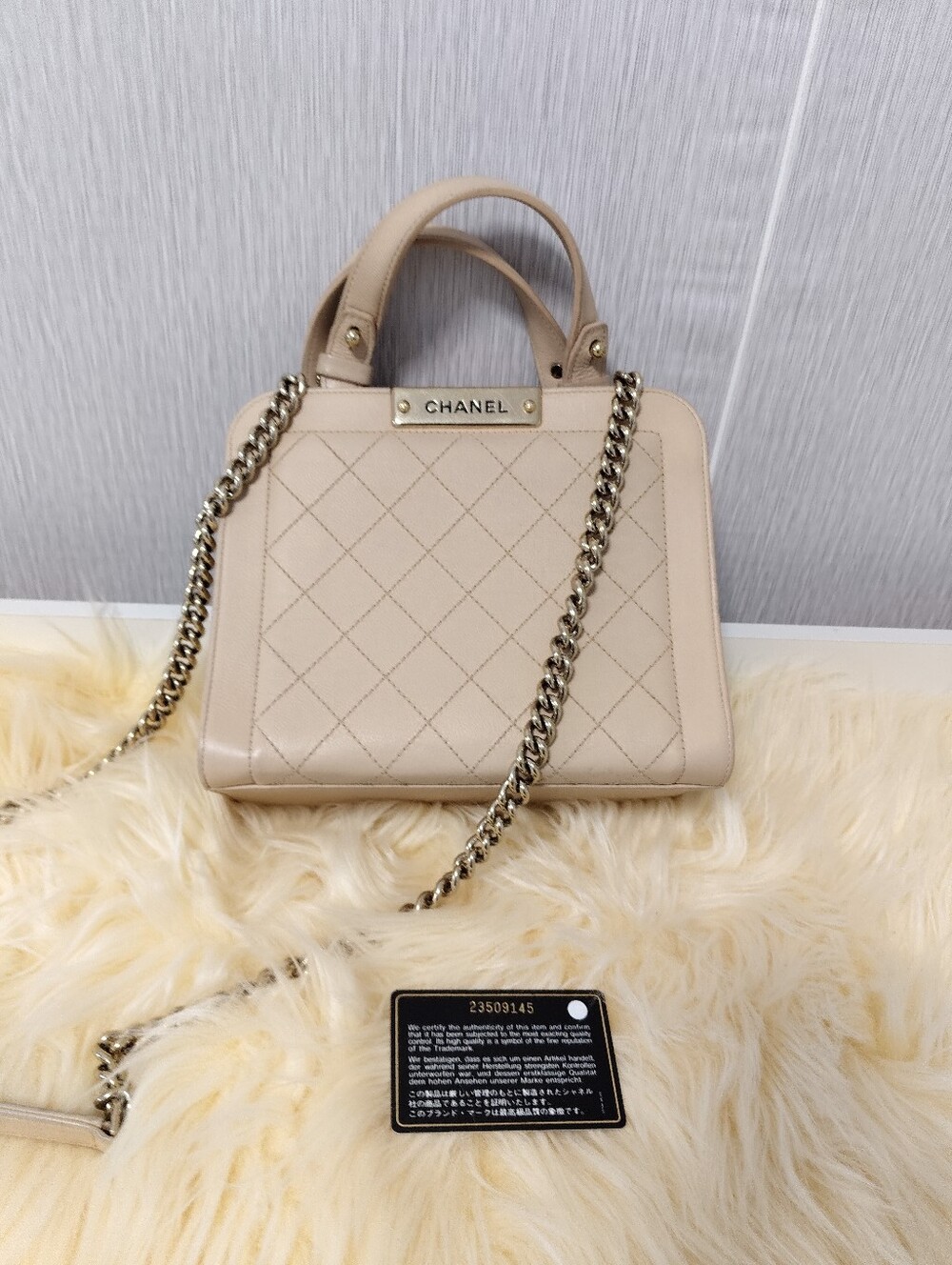 CHANEL Pink-Beige Quilted Leather Satchel with Chain Strap